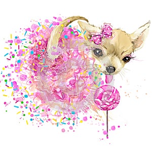 Cute sweet dog T-shirt graphics. Funny dog illustration with splash watercolor textured background.