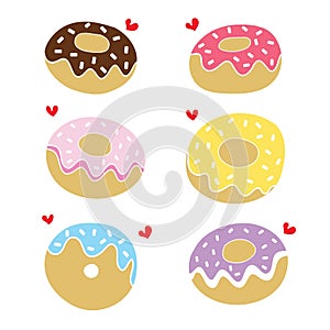 Cute sweet donuts hand drawn with red heart set vector