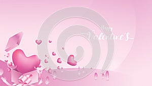 Cute and sweet elements in shape box of gift and heart tied by ribbon flying on pink background. Vector symbols of love for Happy