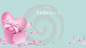 Cute and sweet elements in shape box of gift and heart tied by ribbon flying on pink background. Vector symbols of love for Happy