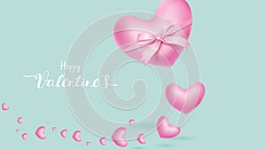 Cute and sweet elements in shape box of gift and heart tied by ribbon flying on pink background. Vector symbols of love for Happy