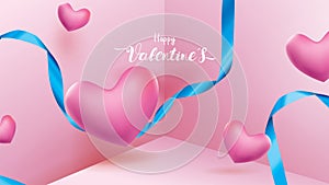 Cute and sweet elements in shape of heart, ribbon, box of gift flying on pink background. Vector symbols of love for Happy Women`