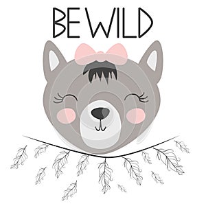 Cute sweet little wolf smiling face art. Lettering quote Be wild. Kids nursery scandinavian hand drawn illustration. Graphic