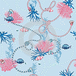 Cute sweet pastel Seamless pattern with  hand drawn corals Golden ,and treasure animal,fishes, ropes and pearls on  light blue