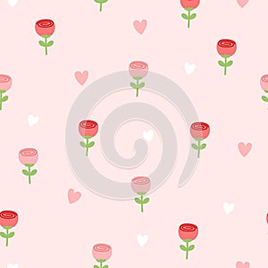 Cute sweet red and pink rose and white and pink hearts in pink background seamless pattern. Valentine\'s day.