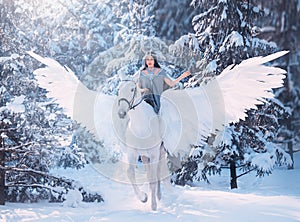 Cute sweet sad lady on horseback with gorgeous soft light wings, white pegasus in a snowy winter forest carries a dark