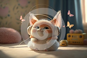 a cute and sweet style white fairy baby kitten, sweet smile, small Peach bloson around, wearing a big headphone, smile, enjoying m