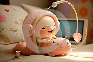 a cute and sweet white fairy baby snake, sweet smile, small peach bloson around, wearing a big headphone