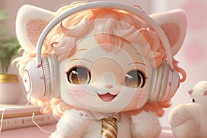 a cute and sweet white fairy baby tiger, sweet smile, small Peach bloson around, wearing a big headphone, smile, enjoying music