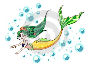 Cute swimming mermaid vector design. Cartoon girl with green hair and yellow fishtail