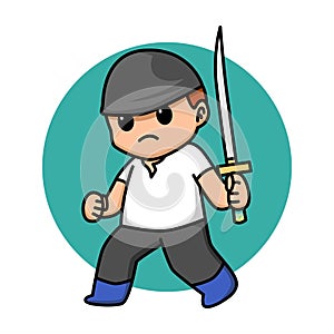 Cute swordman holding sword cartoon