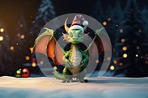Cute symbol of new year 2024 green dragon with wings in red Santa Claus hat on dark background with decorated garland