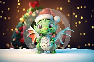 Cute symbol of new year 2024 green dragon with wings in red Santa Claus hat on dark background with decorated toys