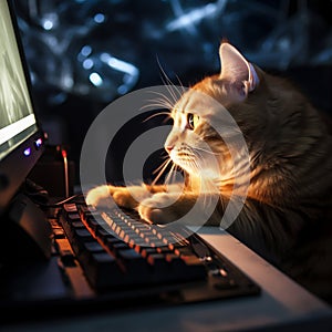 Cute tabby cat is enjoying gaming session on computer