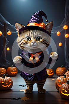 Cute Tabby Cat Portrait in Halloween Wizard Costume