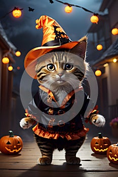 Cute Tabby Cat Portrait in Halloween Wizard Costume