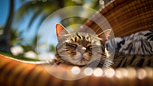 Cute tabby cat relax under sunshine in a basket on the beach in summer, coconut tree and blue sky on the background. Generative AI