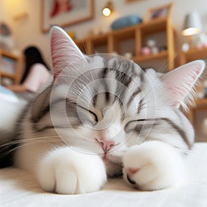 Cute Tabby Cat Sleeping in Comfort Bedroom