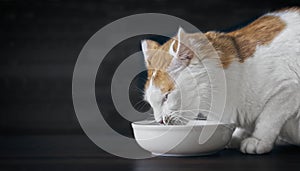 Cute tabby cat sniffs at the feeding bowl.