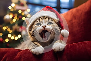 Cute tabby cat wearing santa hat meowing with Christmas tree on background, Christmas and pet concept. Generative AI