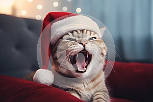 Cute tabby cat wearing santa hat meowing in living room, Christmas and pet concept. Generative AI