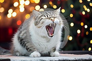 Cute tabby cat yawning in front of christmas tree