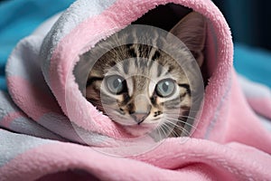 Cute tabby kitten hiding under a pink blanket on a blue background, Cute wet gray tabby cat kitten after a bath wrapped in a pink