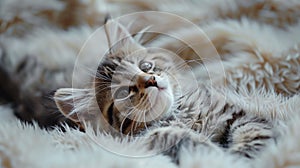 Cute tabby kitten lying on fluffy fur, closeup view.