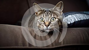 Cute tabby kitten lying on a pillow and looking at camera. Generated AI
