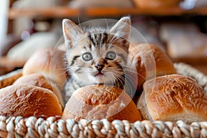 Cute Tabby Kitten Peeking Out From a Basket Full of Fresh Golden Baked Breads in Home Kitchen