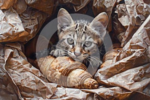 Cute Tabby Kitten Peeking Out From Among Croissants and Crumpled Paper in Warm Light