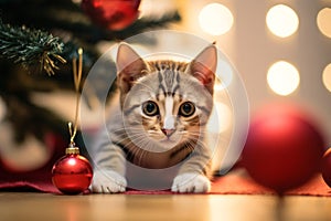 Cute tabby kitten playing Christmas tree ornament, Christmas and cat concept background. Generative AI