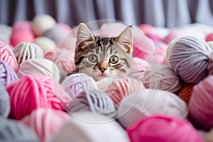 Cute tabby kitten playing with yarn balls. Animal theme.