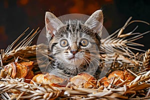 Cute Tabby Kitten Sitting Inside Wicker Basket Surrounded by Wheat and Baked Bread Rolls