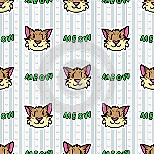 Cute tabby pet cat on blue gingham seamless vector pattern. Hand drawn kitty with text typography background. Playful, expression