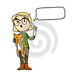 Cute talking cartoon girl with ginger cat. Speech bubble blank. Vector isolated hand drawn character