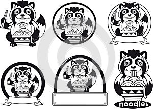 Cute tanuki eats noodles ramen, logo design illustration