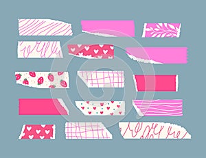 Cute Tape Strip Washi Ripped Paper Collection. Scrapbook Pink Floral Kids Element