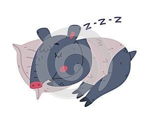 Cute Tapir Animal with Proboscis Cuddling on Pillow and Sleeping Vector Illustration