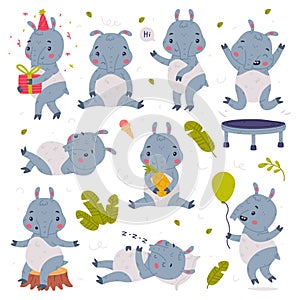 Cute Tapir Animal with Proboscis Engaged in Different Activity Vector Set