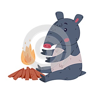 Cute Tapir Animal with Proboscis Sitting Near Burning Fire and Warming Vector Illustration