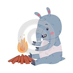 Cute Tapir Animal with Proboscis Sitting Near Burning Fire and Warming Vector Illustration