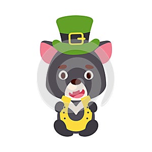 Cute tasmanian devil St. Patricks Day leprechaun hat holds horseshoe. Irish holiday folklore theme. Cartoon design for cards,