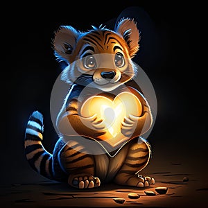 Cute Tasmanian Tiger hugging heart Cute little tiger holding heart in his paws, 3d illustration AI Generated
