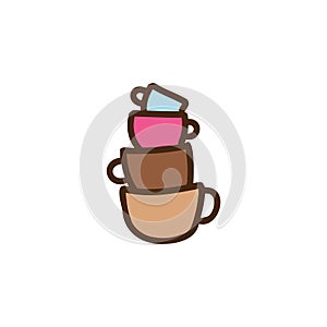 Cute tea cups stacked in piles. Mugs hand drawn illustration. For menu design, cafe decoration. Vector cartoon
