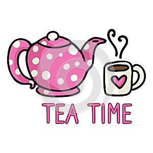 Cute Tea Time Cartoon Vector Illustration. Hand Drawn Hot Drink Element Clip Art for Kitchen Concept. Pink Breakfast