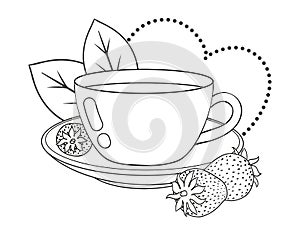 Cute teacup with fresh strawberry and decor. Line art.