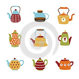 Cute teapots colorful flat icons vector set