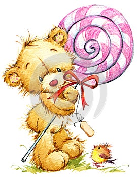 Cute Teddy bear. birthday greeting card watercolor illustration