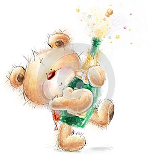 Cute Teddy Bear with the bottle of close -up champagne.Party invitation.Happy Birthday greeting card.
